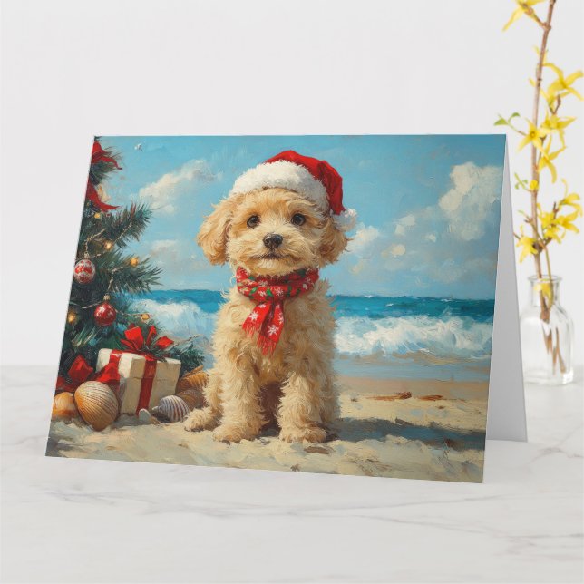 Tarjeta Navidades de perro cangrejo playa vintage (flor amarilla)