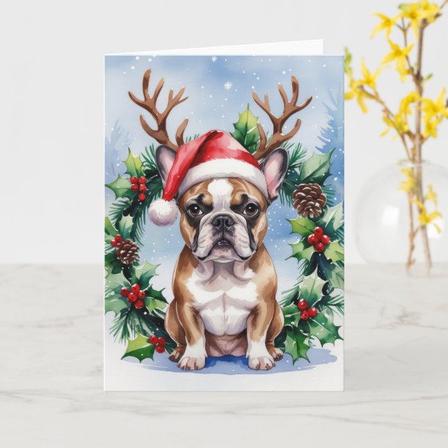 Tarjeta Navidades de perro de Bulldog de Francia saludan (flor amarilla)