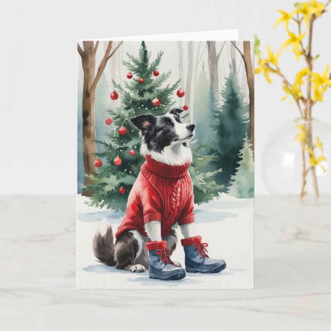 Tarjeta Navidades de Perro de Collie Fronterizo saludan (flor amarilla)