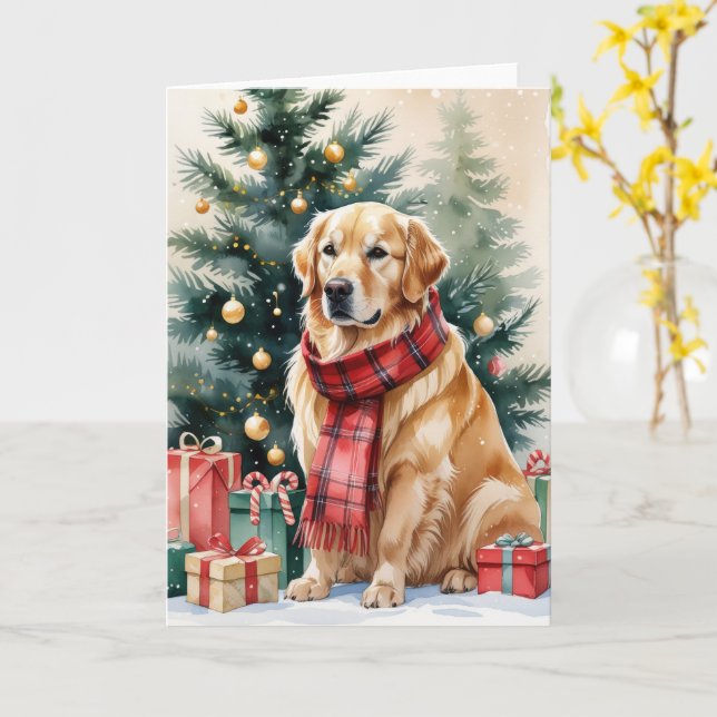 Tarjeta Navidades de perro de Golden Retriever (flor amarilla)