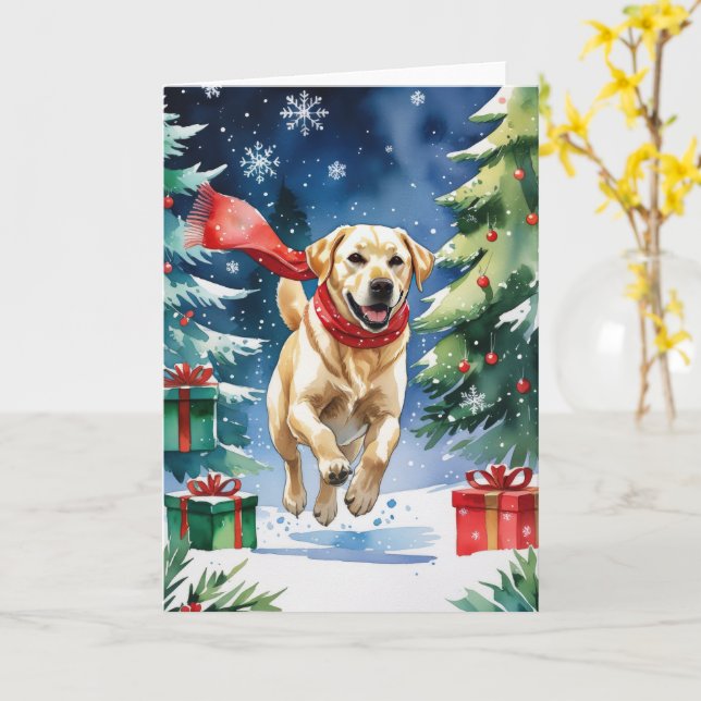 Tarjeta Navidades de perro de Labrador saludan (flor amarilla)