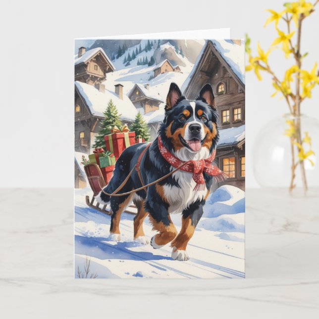 Tarjeta Navidades de Perro de Montaña de Bernese saludando (flor amarilla)