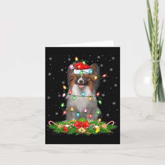 Tarjeta Navidades de perro de Papillon iluminan divertidas (Anverso)