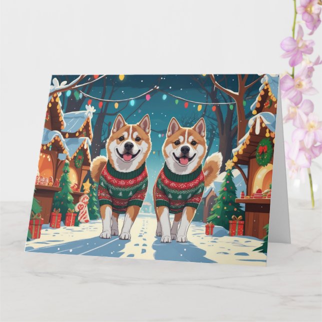 Tarjeta Navidades de perros Akita en vacaciones de nieve (Orquídea)