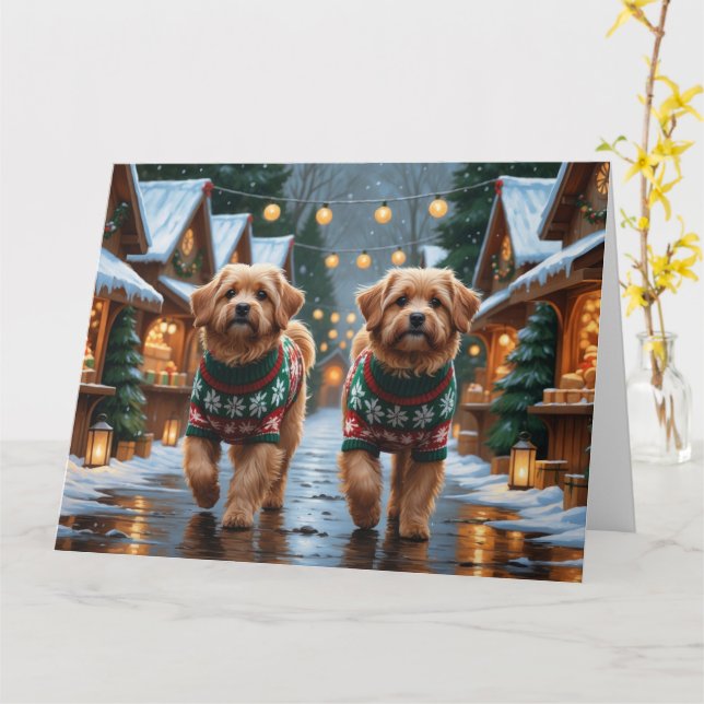 Tarjeta Navidades de perros de algodón de tulear en vacaci (flor amarilla)