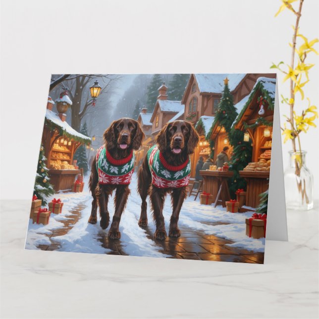 Tarjeta Navidades de perros de estilo inglés en vacaciones (flor amarilla)