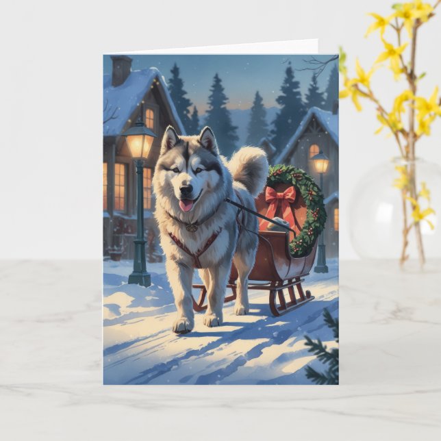 Tarjeta Navidades de Perros de Malamute de Alaska saludand (flor amarilla)