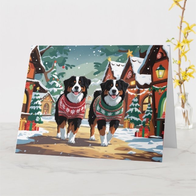 Tarjeta Navidades de perros de montaña de Bernese en vacac (flor amarilla)