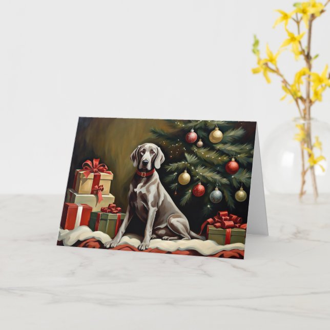 Tarjeta Navidades de perros de Weimaraner (flor amarilla)
