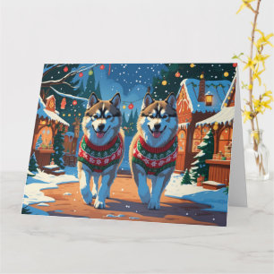 Tarjeta Navidades de perros malamutas de Alaska en vacacio