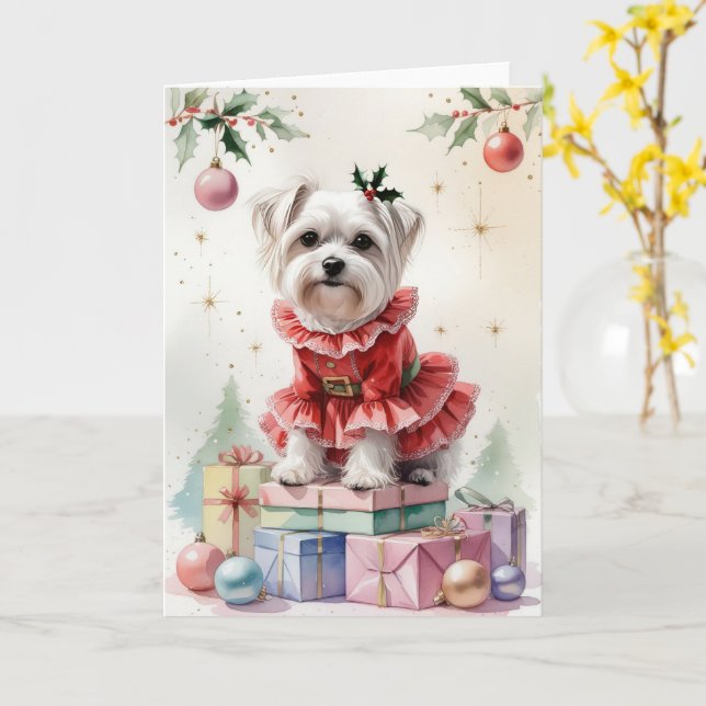 Tarjeta Navidades de perros malteses saludando (flor amarilla)