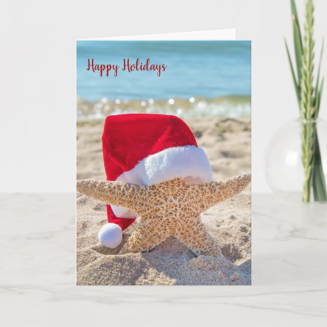 Tarjeta Navidades de pez estrella en la arena (Anverso)