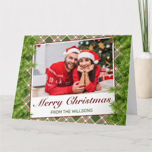 Tarjeta Navidades de Pine y Platos Rojos Verdes Saludan