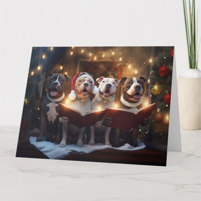 Tarjeta Navidades de Pitbull Terriers celebran fun feriado (Anverso)