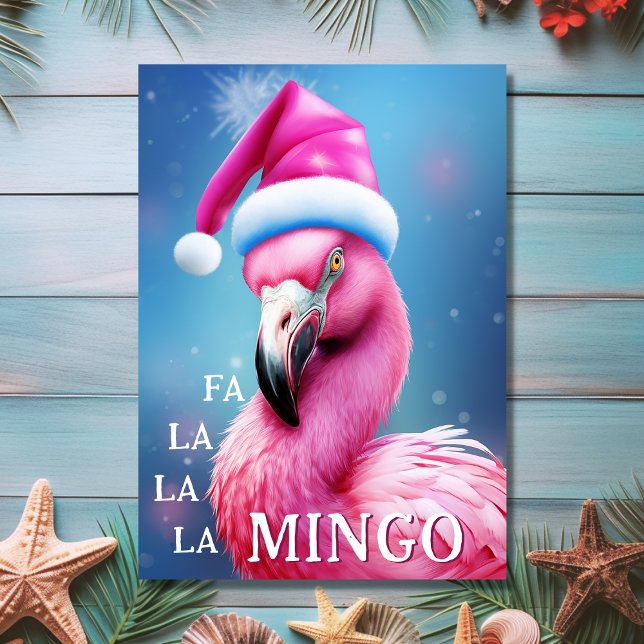Tarjeta Navidades de playa Fa La La La Mingo Pink Flamingo (Front - Fa La La La Mingo Pink Flamingo Beach Christmas Card)