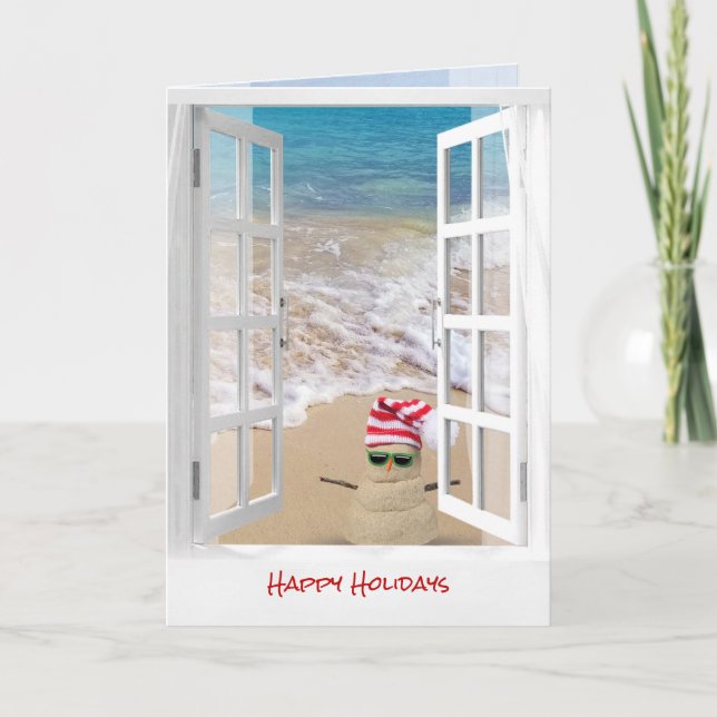 Tarjeta Navidades de playa tropicales cantan a Snowman (Anverso)