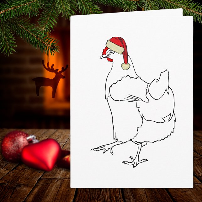 Tarjeta Navidades de pollo lindo dibujo de gallina (Cute christmas chicken wearing a santa hat, simple farm hen line art drawing holiday greetings card)