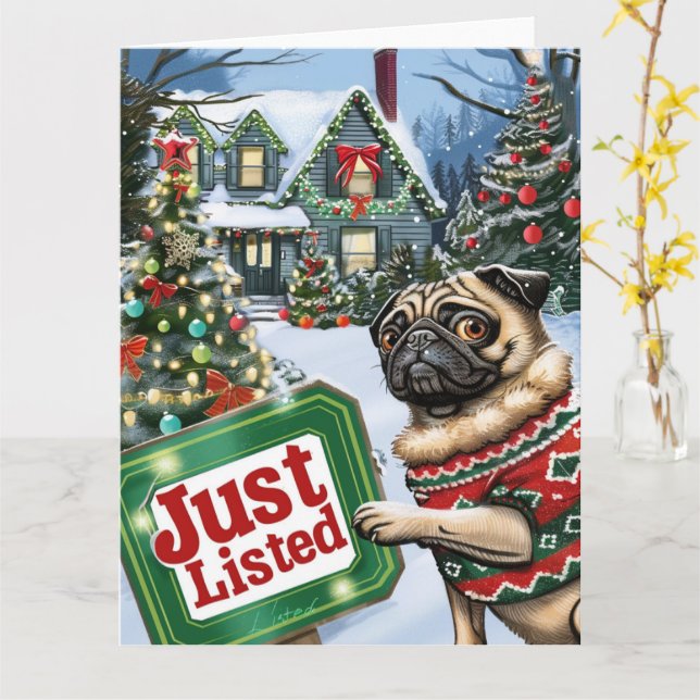 Tarjeta Navidades de Pug Festix Humor Realtor (flor amarilla)