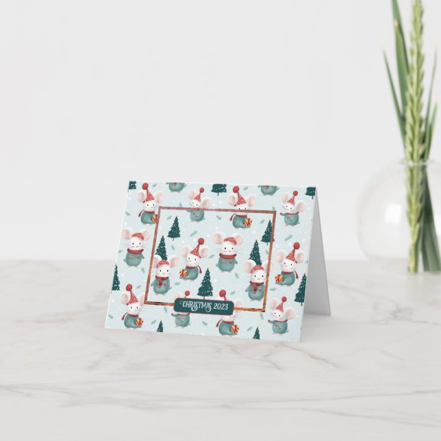 Tarjeta Navidades de ratones blancos de Santa Hat doblados (Anverso)