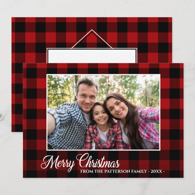 Tarjeta Navidades de Red Plaid, guión gráfico de caligrafí (Anverso / Reverso)