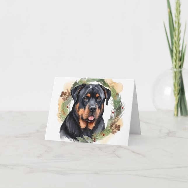 Tarjeta Navidades de Rottweiler Wreath Festimes Pup (Anverso)