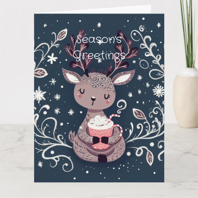 Tarjeta Navidades de Rudolph con cacao caliente y copos de (Anverso)