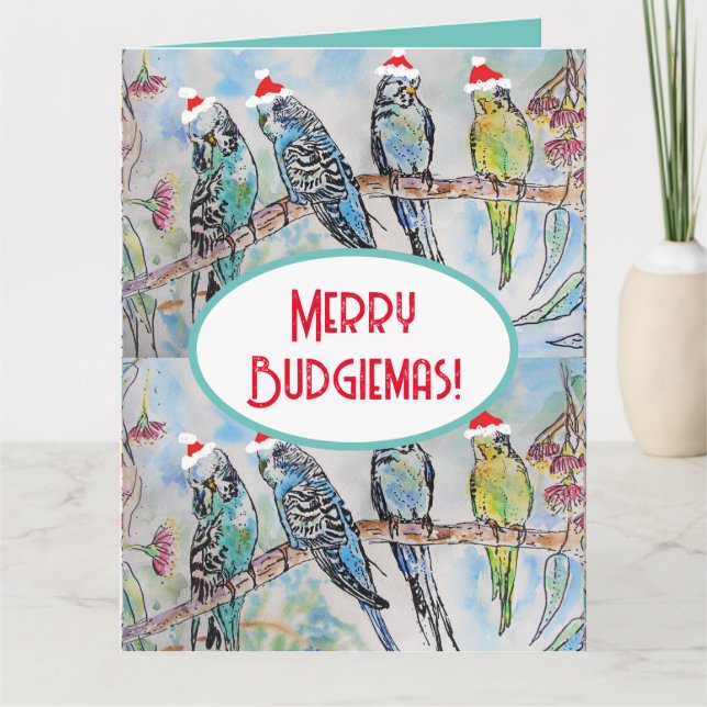 Tarjeta Navidades de Santa Budgie Pájaro de pintura acuáti (Anverso)