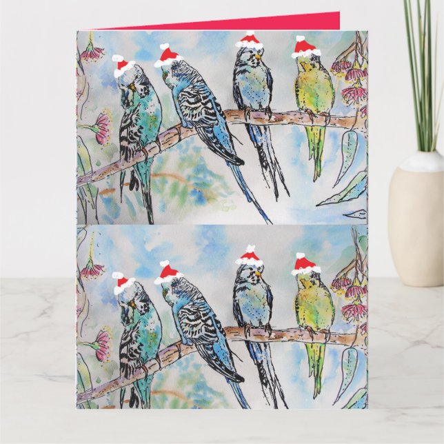 Tarjeta Navidades de Santa Budgie Pájaro de pintura acuáti (Anverso)