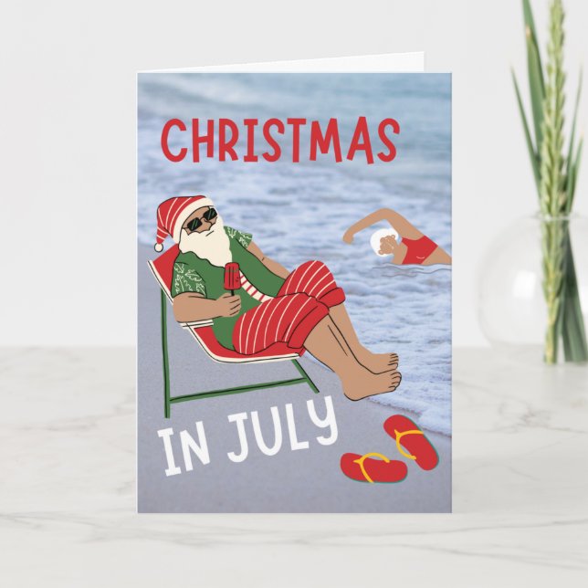 Tarjeta Navidades de Santa en julio en la playa (Anverso)