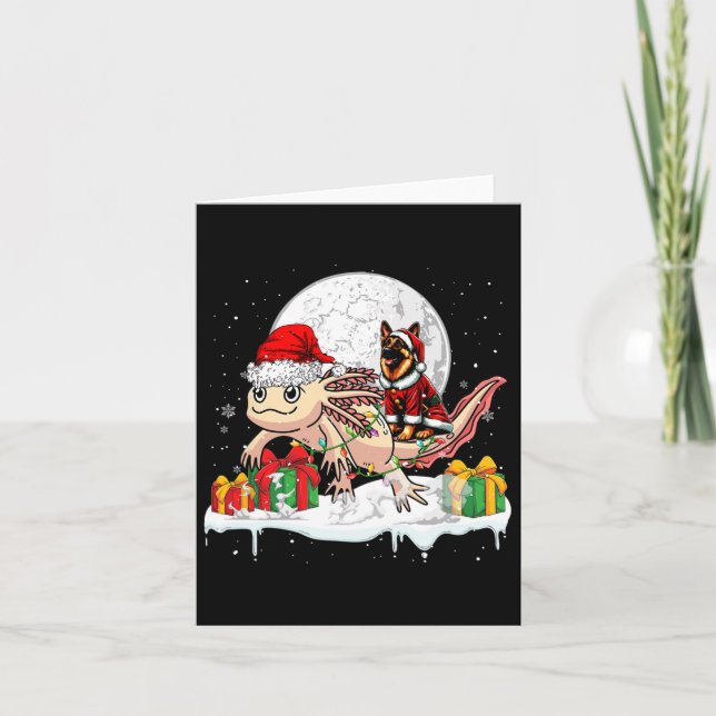 Tarjeta Navidades de Santa German Shepherd Riding Axolotl (Anverso)