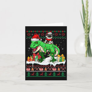 Tarjeta Navidades de Santa Pug Riding T-rex Sweater Lover