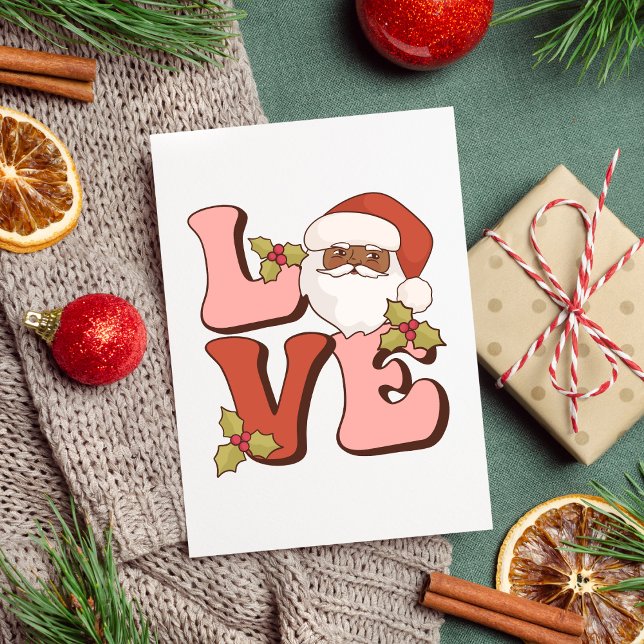 Tarjeta Navidades de Santa Retro Rosa y Red Love Black (Pink & Red Love Black Santa Retro Christmas Card)