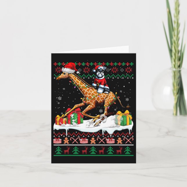 Tarjeta Navidades de Santa Schnauzer Riding Giraffe (Anverso)