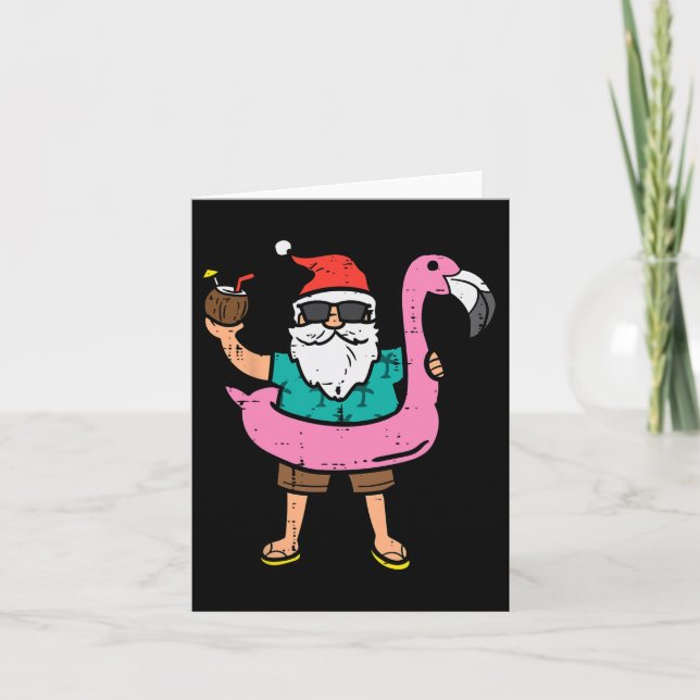 Tarjeta Navidades De Santa Sobre Flamingo Floatie Cute En  (Anverso)