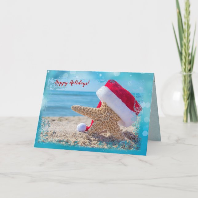 Tarjeta Navidades de Santa starfish en la arena (Anverso)