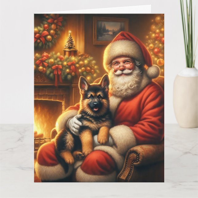 Tarjeta Navidades de Santa y Alemana de Cachorros de Pasto (Anverso)