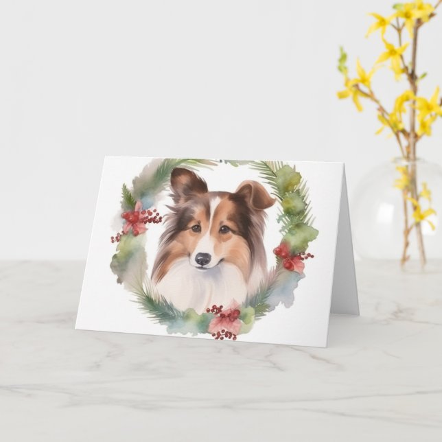 Tarjeta Navidades de Shetland Sheepdog Wreath Festimes Pup (flor amarilla)