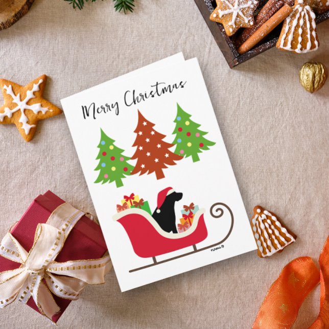 Tarjeta Navidades de Silhouette de Labrador Negro Sleigh (Black Labrador Silhouette Christmas Sleigh Card for Black Labrador Owners.  Festive design.)