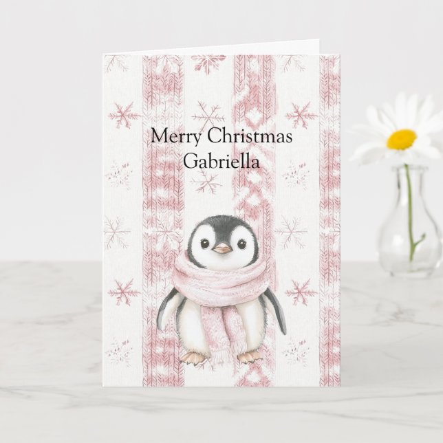 Tarjeta Navidades de Snowflakes con pinguino rosa (Planta pequeña)