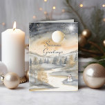 Tarjeta Navidades de Snowman en el Río de las Montañas de<br><div class="desc">Tarjeta de Navidades Snowman River Mountain con color de agua gris. Esta hermosa tarjeta de río de montaña de medianoche presenta un impresionante diseño de cielo nocturno, con el elegante "Seasons Greeting" en la parte delantera. El interior puede ser personalizado con su propio saludo y apellidos. Sus tonos dorados y...</div>