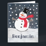 Tarjeta Navidades de Snowman personalizados<br><div class="desc">Esta escena de nieve de Navidades de nieve está impresa de un collage diseñado por Helen McCartney Designs.</div>