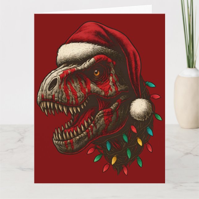 Tarjeta Navidades de T-Rex Santa Dinosaur (Anverso)
