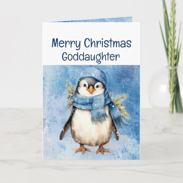 Tarjeta Navidades de una diosa animal en un pingüino (Anverso)