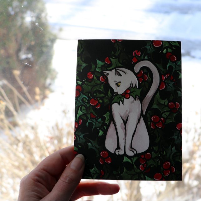 Tarjeta Navidades de vacaciones Holly White Cat (Subido por el creador)