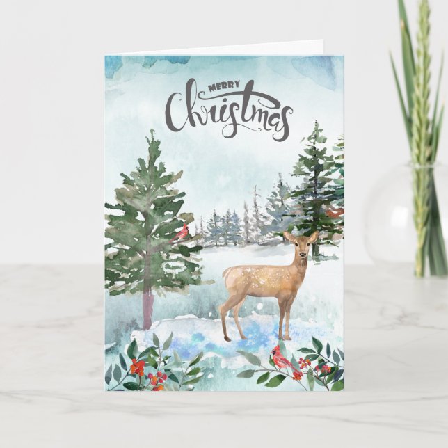 Tarjeta Navidades de venados de Woodland de acuarela rusa (Anverso)