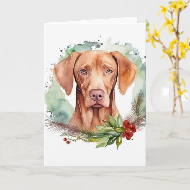 Tarjeta Navidades de Vizsla Wreath Festimes Pup (flor amarilla)