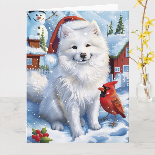 Tarjeta Navidades del American Eskimo Dog Winter Wonderlan (flor amarilla)