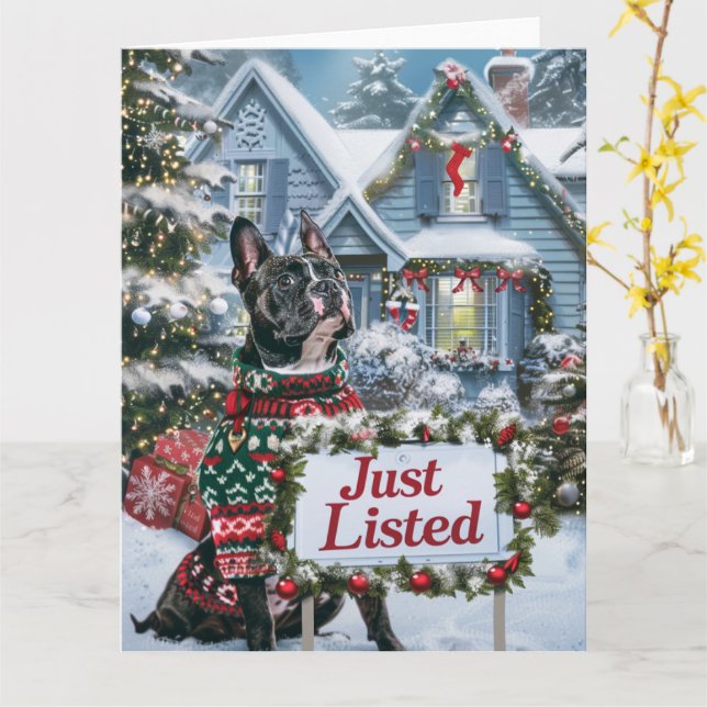 Tarjeta Navidades del American Staffordshire Festive Realt (flor amarilla)