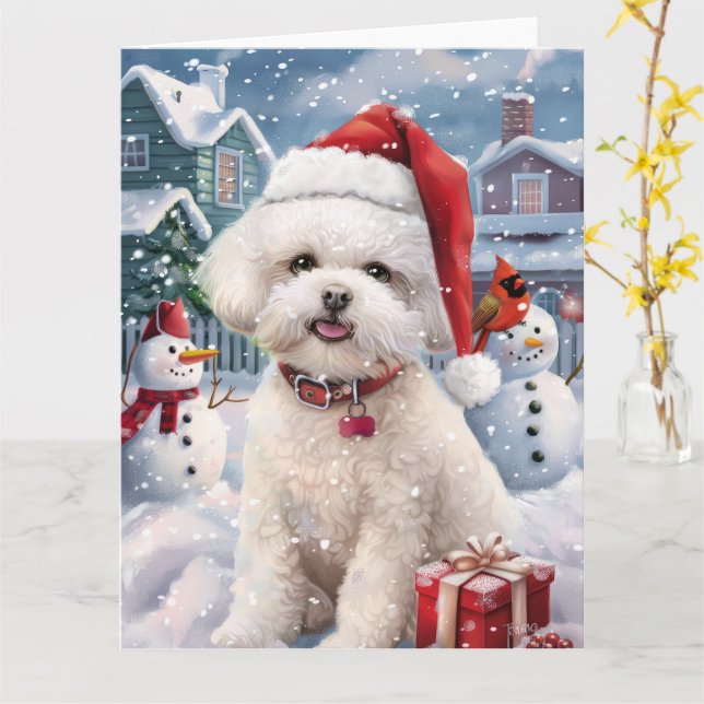 Tarjeta Navidades del Bichon Frise Dog Winter Wonderland A (flor amarilla)