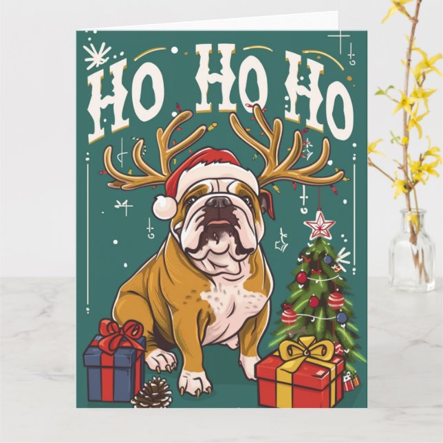 Tarjeta Navidades del Bulldog Ho Ho Ho Ho Ho (flor amarilla)